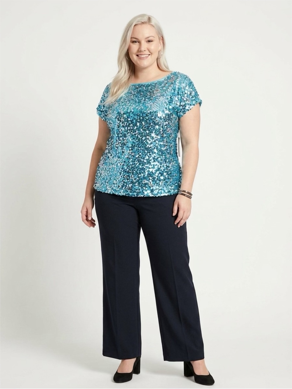Anna Kaci Sequin Short-Sleeve Blouse in Aqua Blue Women’s Size 4X